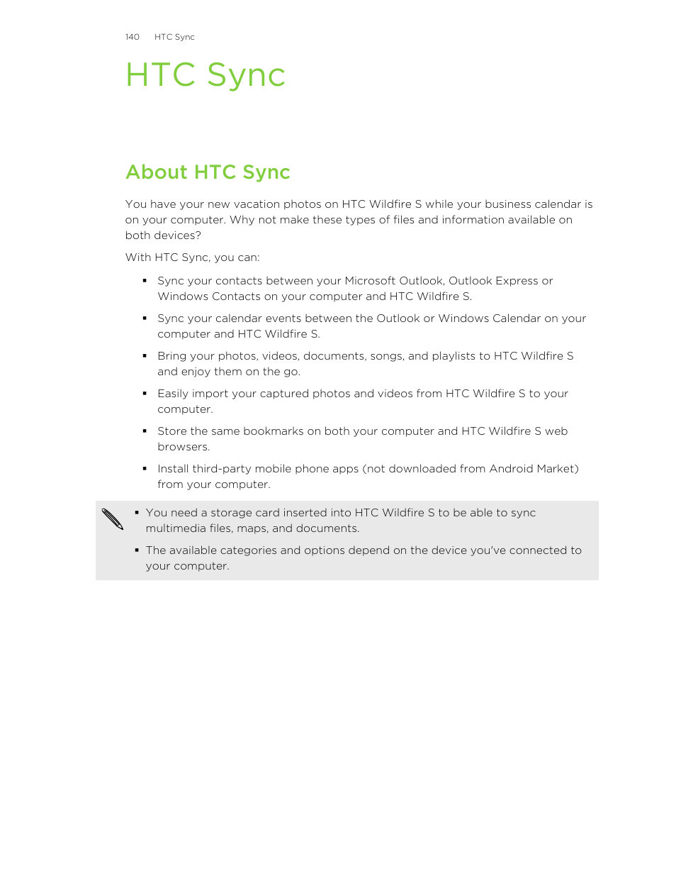 Htc sync, About htc sync | HTC Wildfire S EN User Manual | Page 140 / 187