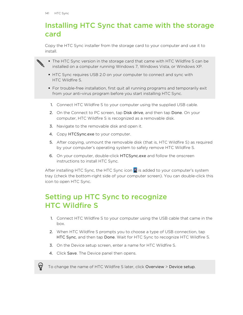 Setting up htc sync to recognize htc wildfire s | HTC Wildfire S EN User Manual | Page 141 / 187