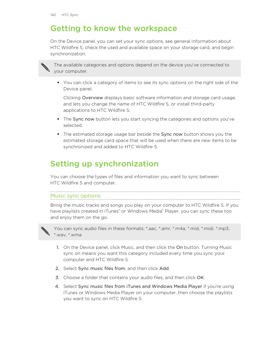 Getting to know the workspace, Setting up synchronization, Music sync options | HTC Wildfire S EN User Manual | Page 142 / 187