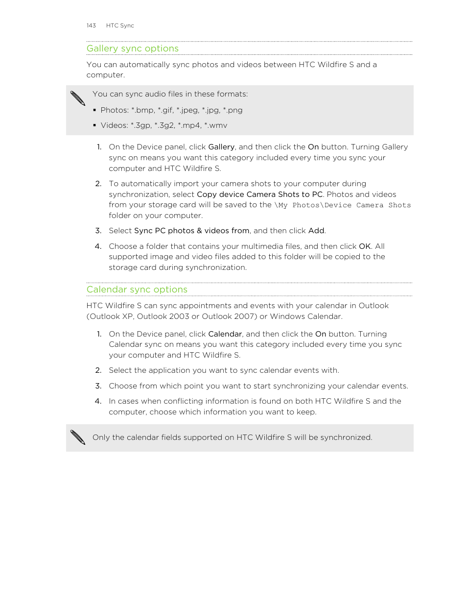 Gallery sync options, Calendar sync options | HTC Wildfire S EN User Manual | Page 143 / 187