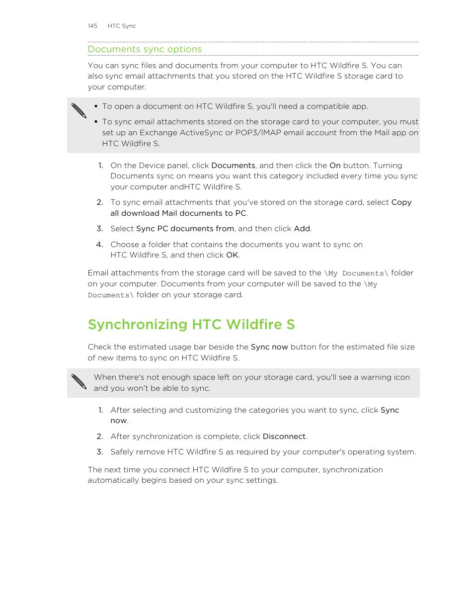 Documents sync options, Synchronizing htc wildfire s | HTC Wildfire S EN User Manual | Page 145 / 187