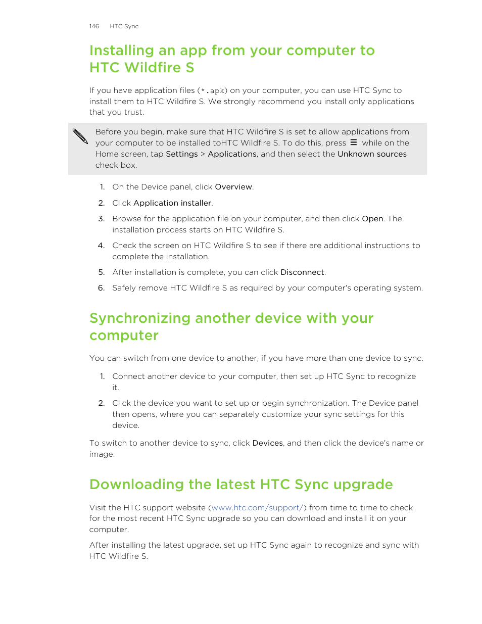 Synchronizing another device with your computer, Downloading the latest htc sync upgrade | HTC Wildfire S EN User Manual | Page 146 / 187