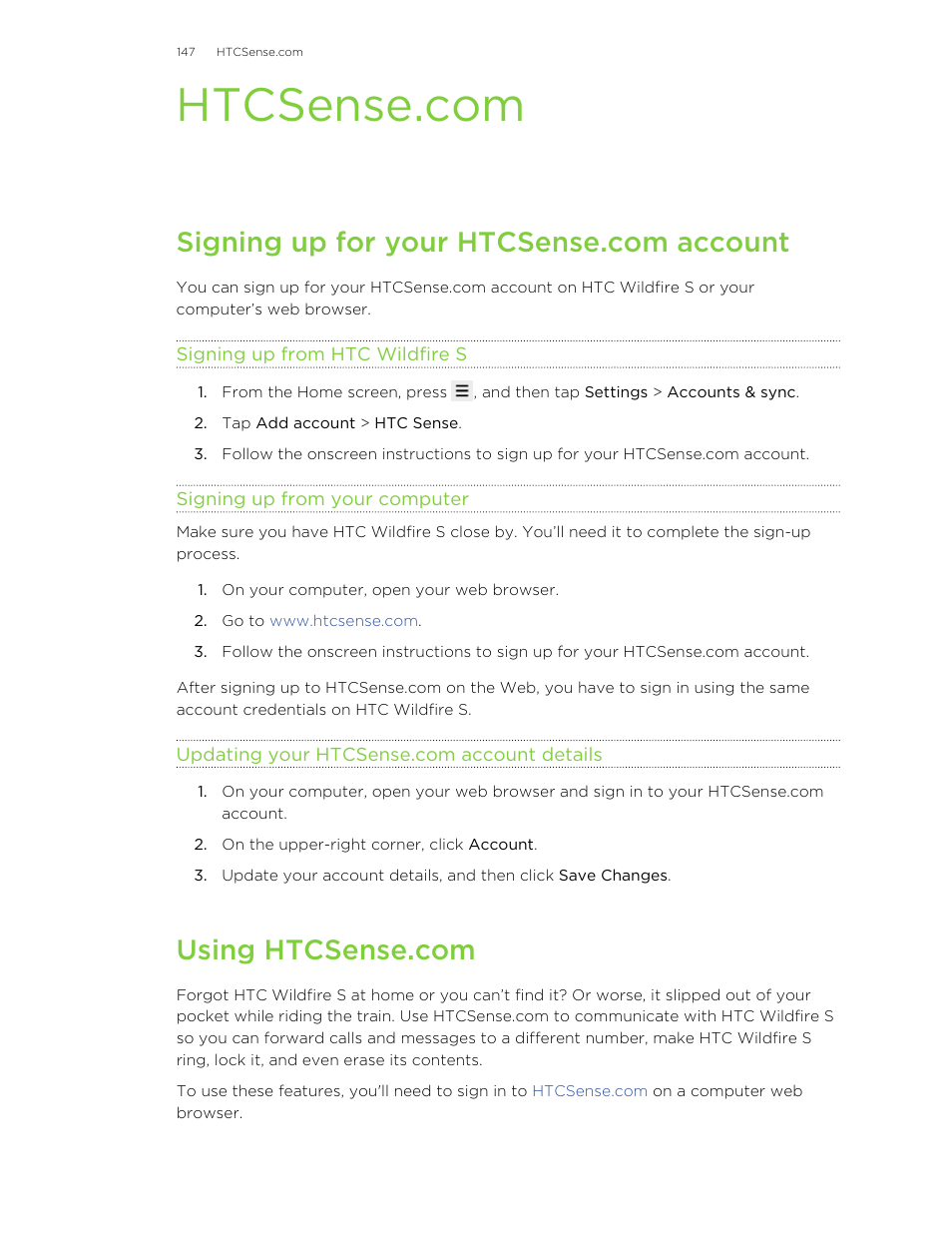 Htcsense.com, Signing up for your htcsense.com account, Signing up from htc wildfire s | Signing up from your computer, Updating your htcsense.com account details, Using htcsense.com | HTC Wildfire S EN User Manual | Page 147 / 187