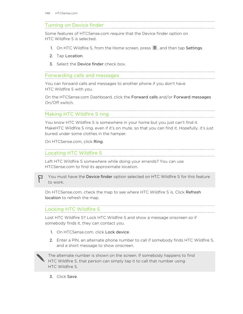 Turning on device finder, Forwarding calls and messages, Making htc wildfire s ring | Locating htc wildfire s, Locking htc wildfire s | HTC Wildfire S EN User Manual | Page 148 / 187