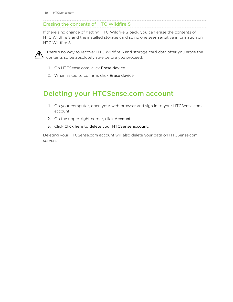 Erasing the contents of htc wildfire s, Deleting your htcsense.com account | HTC Wildfire S EN User Manual | Page 149 / 187