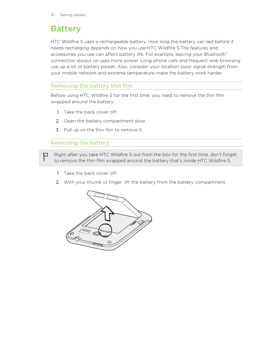 Battery, Removing the battery thin film, Removing the battery | HTC Wildfire S EN User Manual | Page 15 / 187