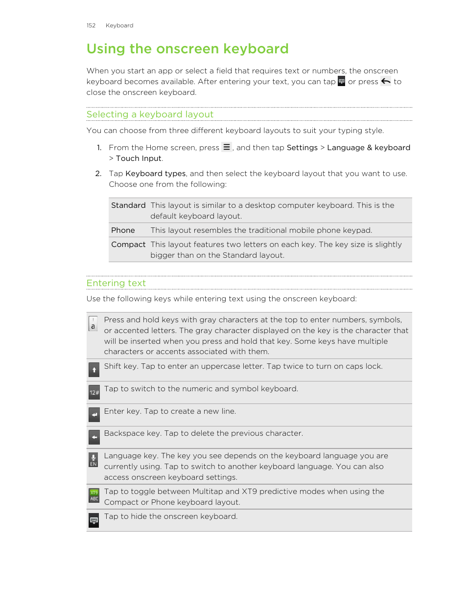 Using the onscreen keyboard, Selecting a keyboard layout, Entering text | HTC Wildfire S EN User Manual | Page 152 / 187