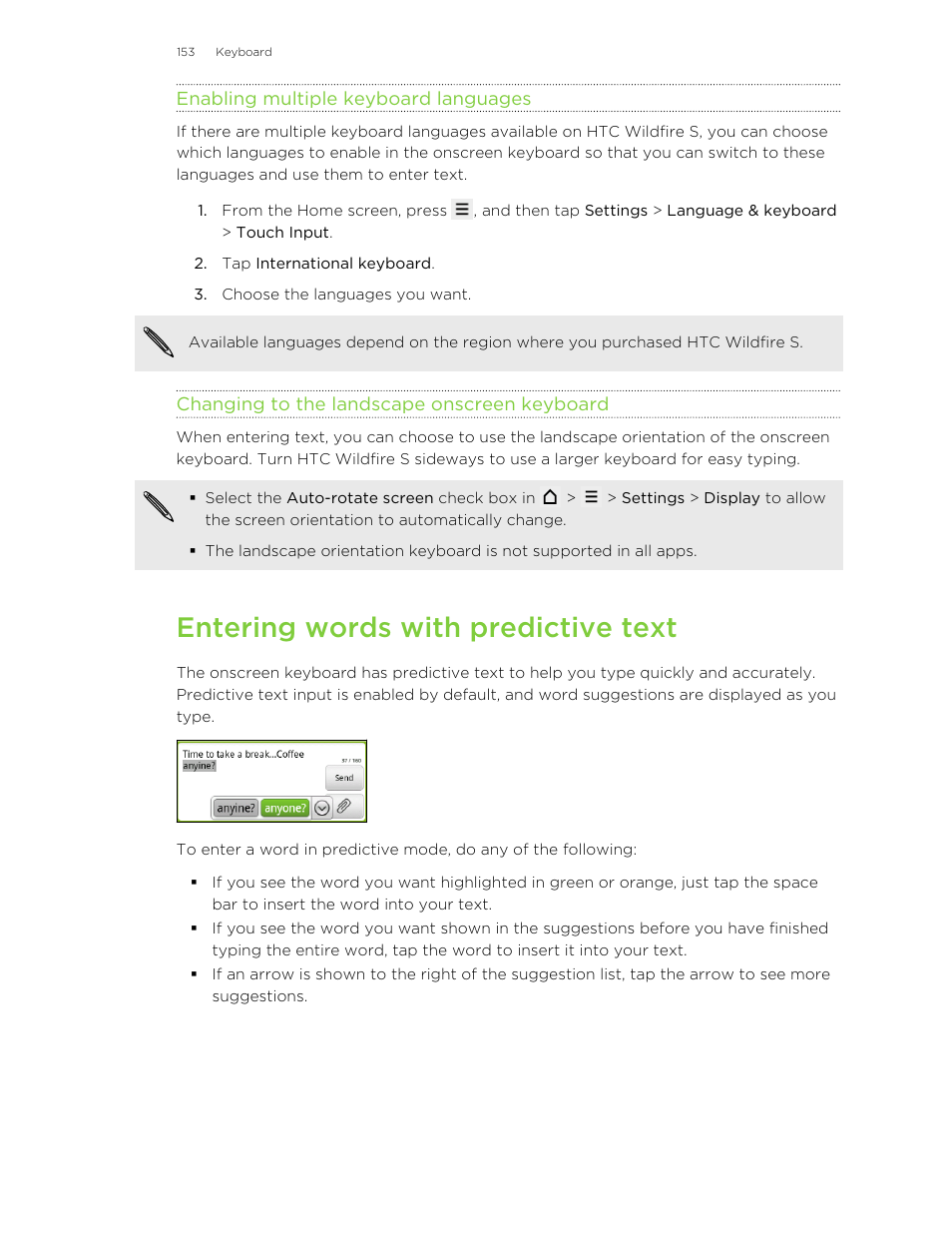 Enabling multiple keyboard languages, Changing to the landscape onscreen keyboard, Entering words with predictive text | HTC Wildfire S EN User Manual | Page 153 / 187