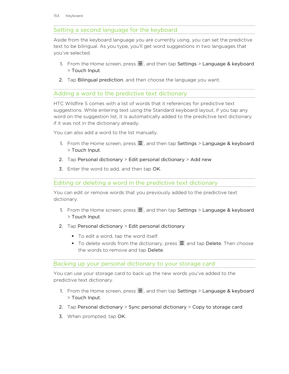 Setting a second language for the keyboard, Adding a word to the predictive text dictionary | HTC Wildfire S EN User Manual | Page 154 / 187