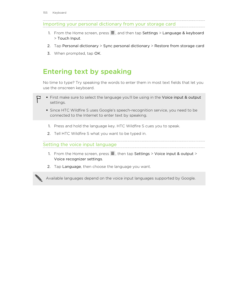 Entering text by speaking, Setting the voice input language | HTC Wildfire S EN User Manual | Page 155 / 187