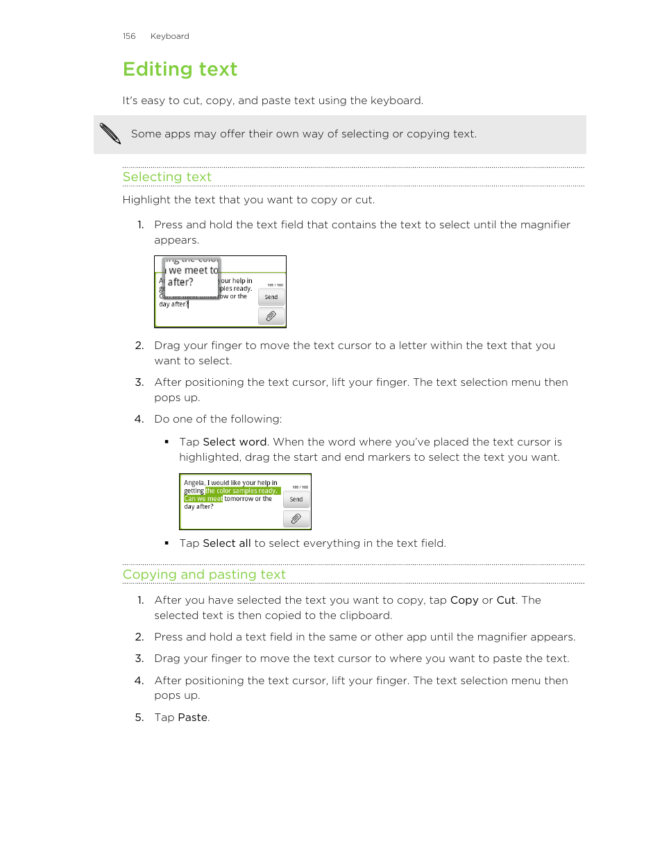 Editing text, Selecting text, Copying and pasting text | HTC Wildfire S EN User Manual | Page 156 / 187