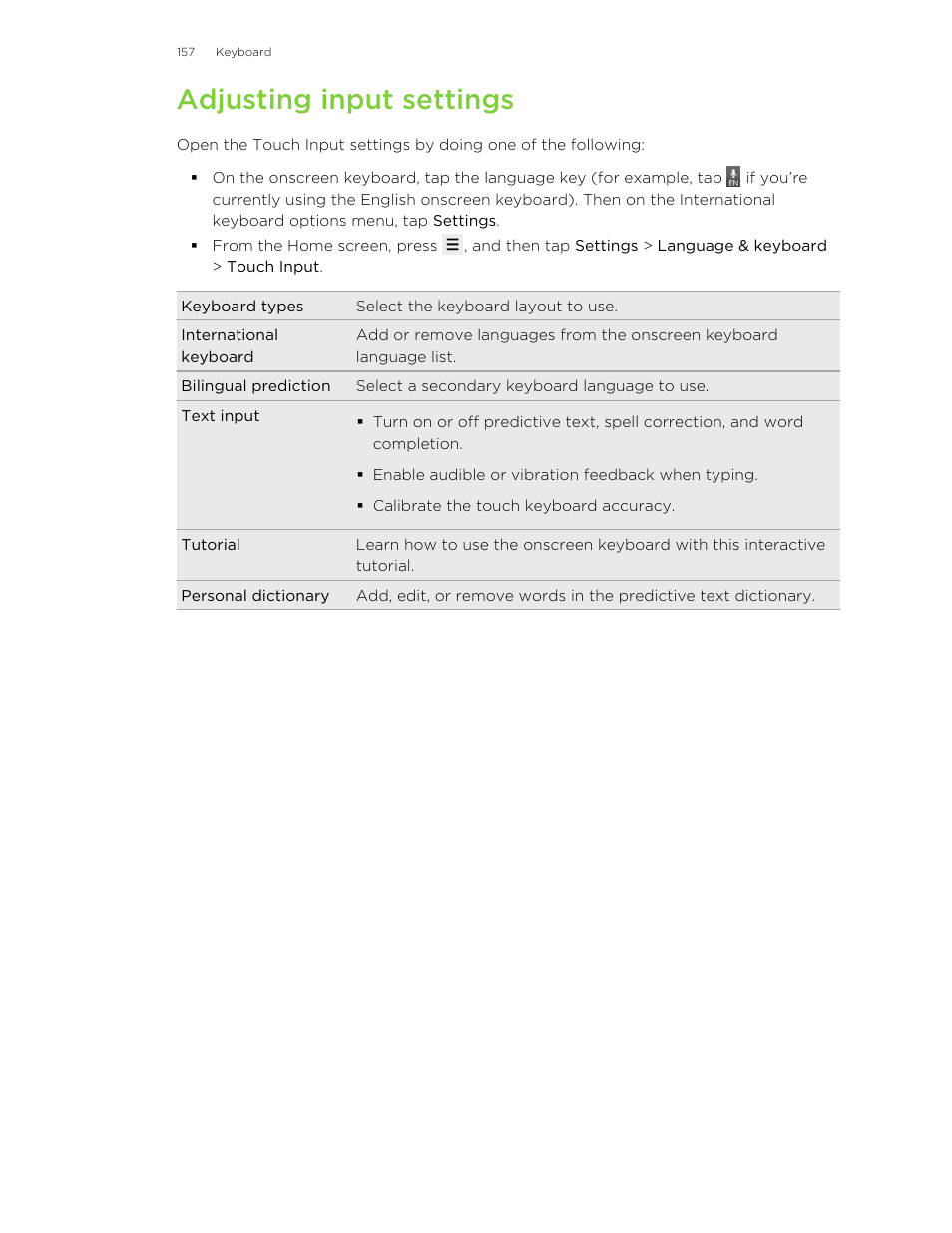 Adjusting input settings | HTC Wildfire S EN User Manual | Page 157 / 187