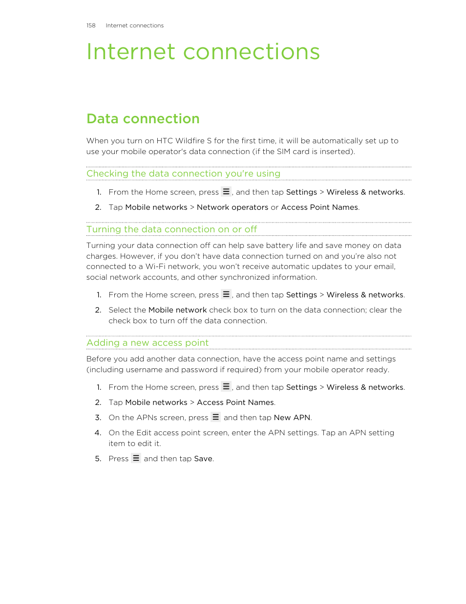 Internet connections, Data connection, Checking the data connection you're using | Turning the data connection on or off, Adding a new access point | HTC Wildfire S EN User Manual | Page 158 / 187