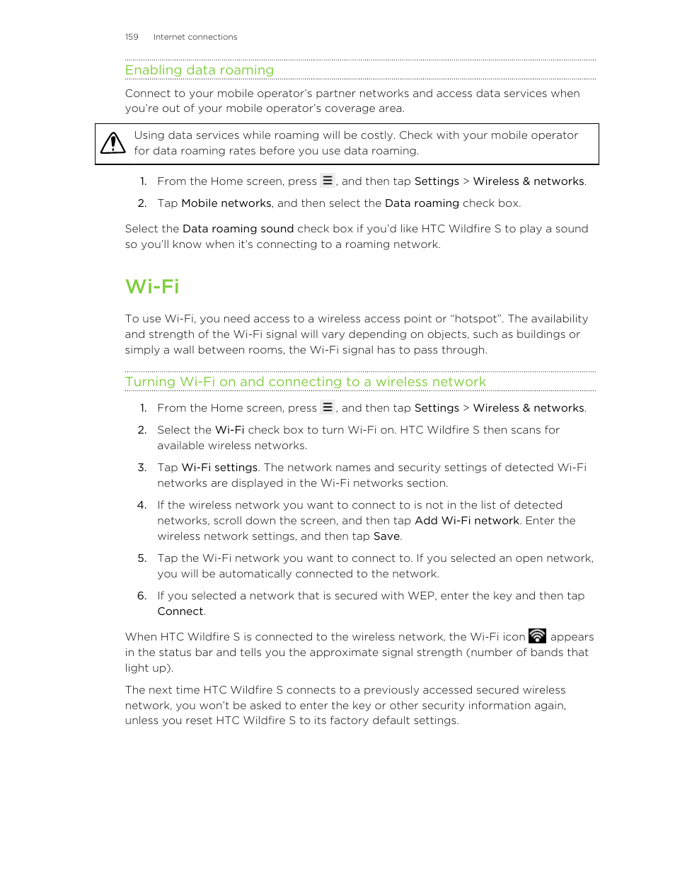 Enabling data roaming, Wi-fi | HTC Wildfire S EN User Manual | Page 159 / 187