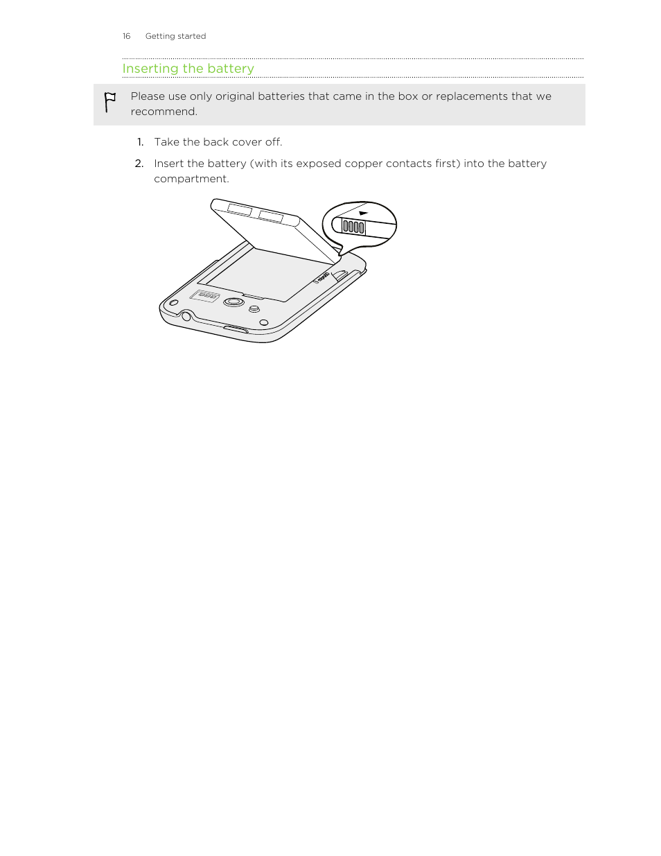 Inserting the battery | HTC Wildfire S EN User Manual | Page 16 / 187