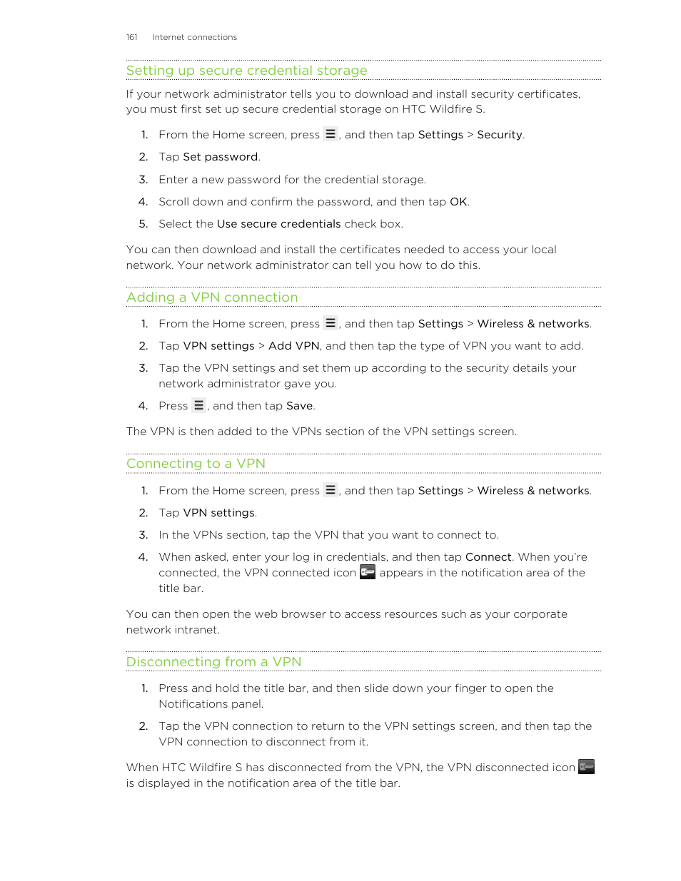 Setting up secure credential storage, Adding a vpn connection, Connecting to a vpn | Disconnecting from a vpn | HTC Wildfire S EN User Manual | Page 161 / 187