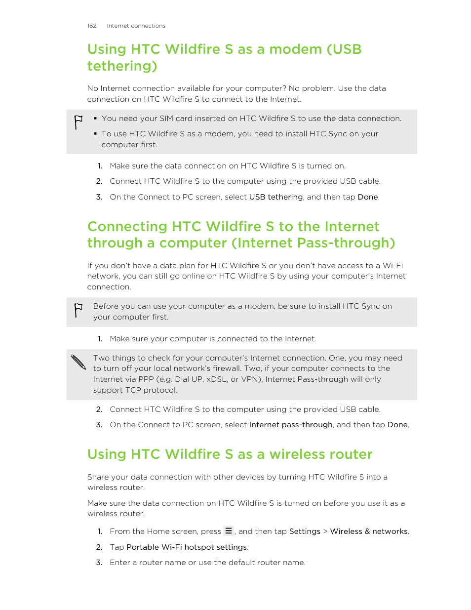 Using htc wildfire s as a modem (usb tethering), Using htc wildfire s as a wireless router | HTC Wildfire S EN User Manual | Page 162 / 187