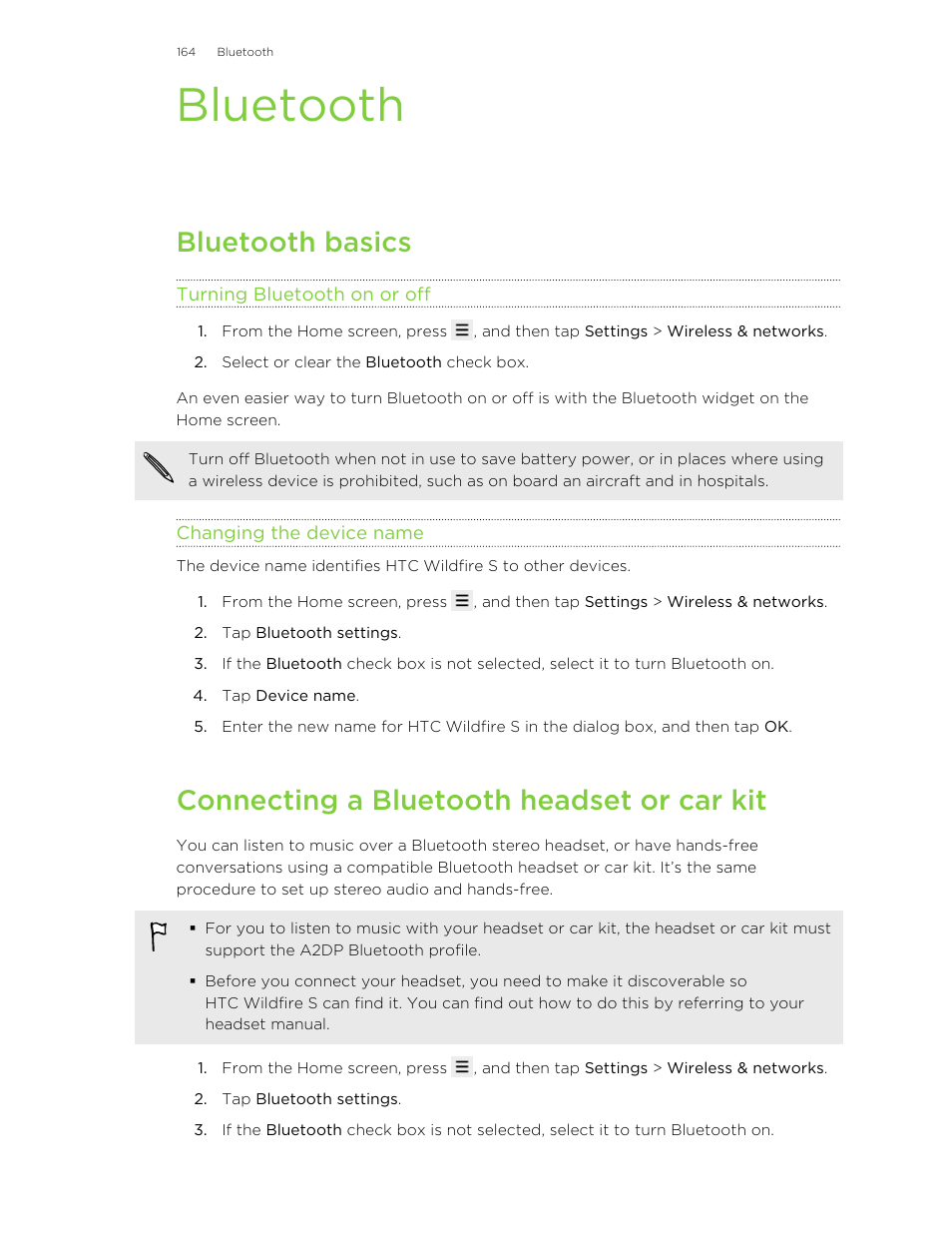 Bluetooth, Bluetooth basics, Turning bluetooth on or off | Changing the device name, Connecting a bluetooth headset or car kit | HTC Wildfire S EN User Manual | Page 164 / 187