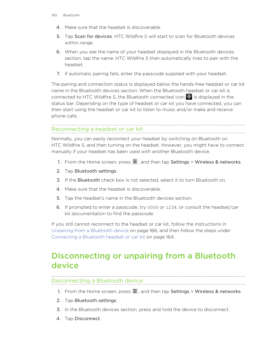 Reconnecting a headset or car kit, Disconnecting or unpairing from a bluetooth device, Disconnecting a bluetooth device | HTC Wildfire S EN User Manual | Page 165 / 187