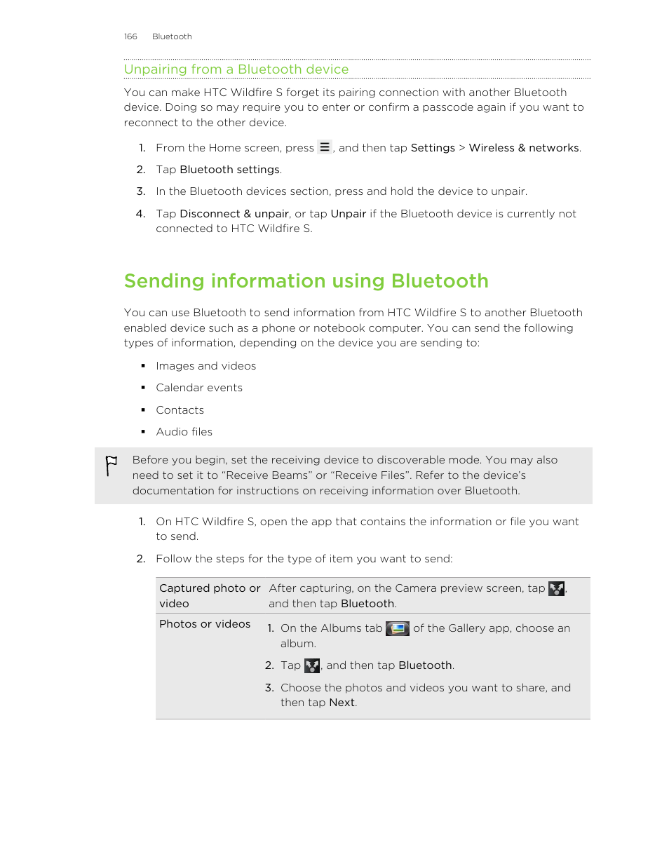 Unpairing from a bluetooth device, Sending information using bluetooth | HTC Wildfire S EN User Manual | Page 166 / 187
