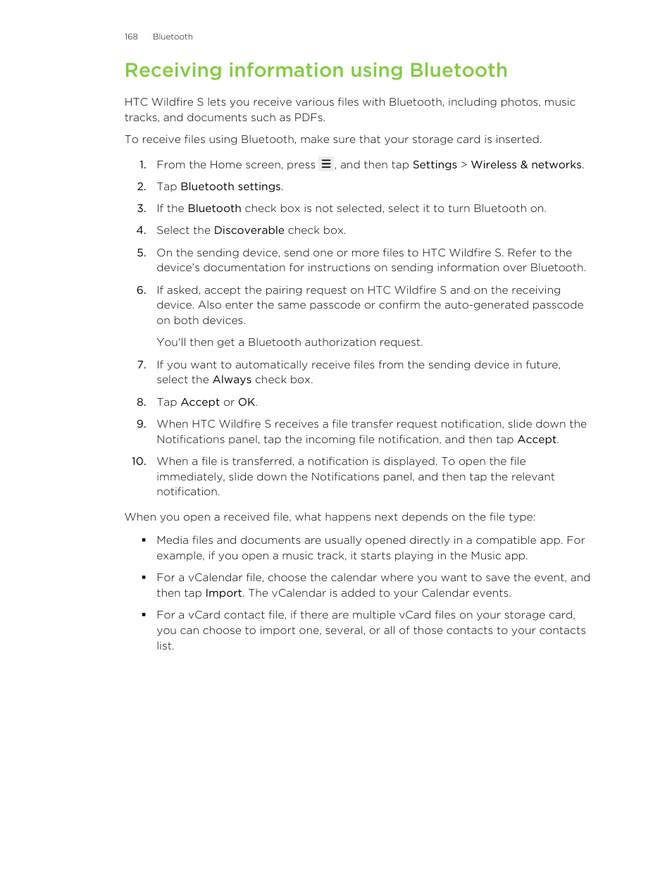Receiving information using bluetooth | HTC Wildfire S EN User Manual | Page 168 / 187