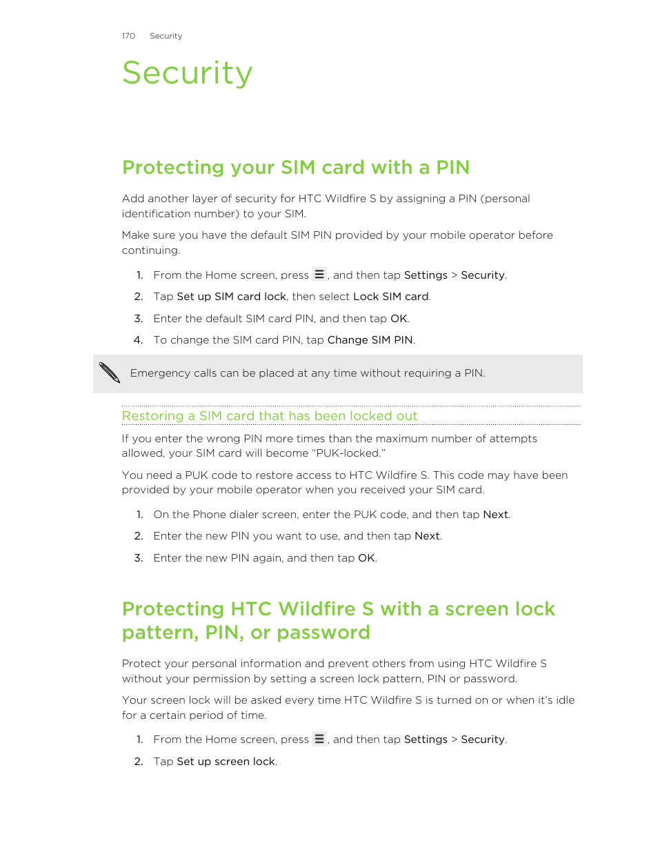 Security, Protecting your sim card with a pin, Restoring a sim card that has been locked out | HTC Wildfire S EN User Manual | Page 170 / 187