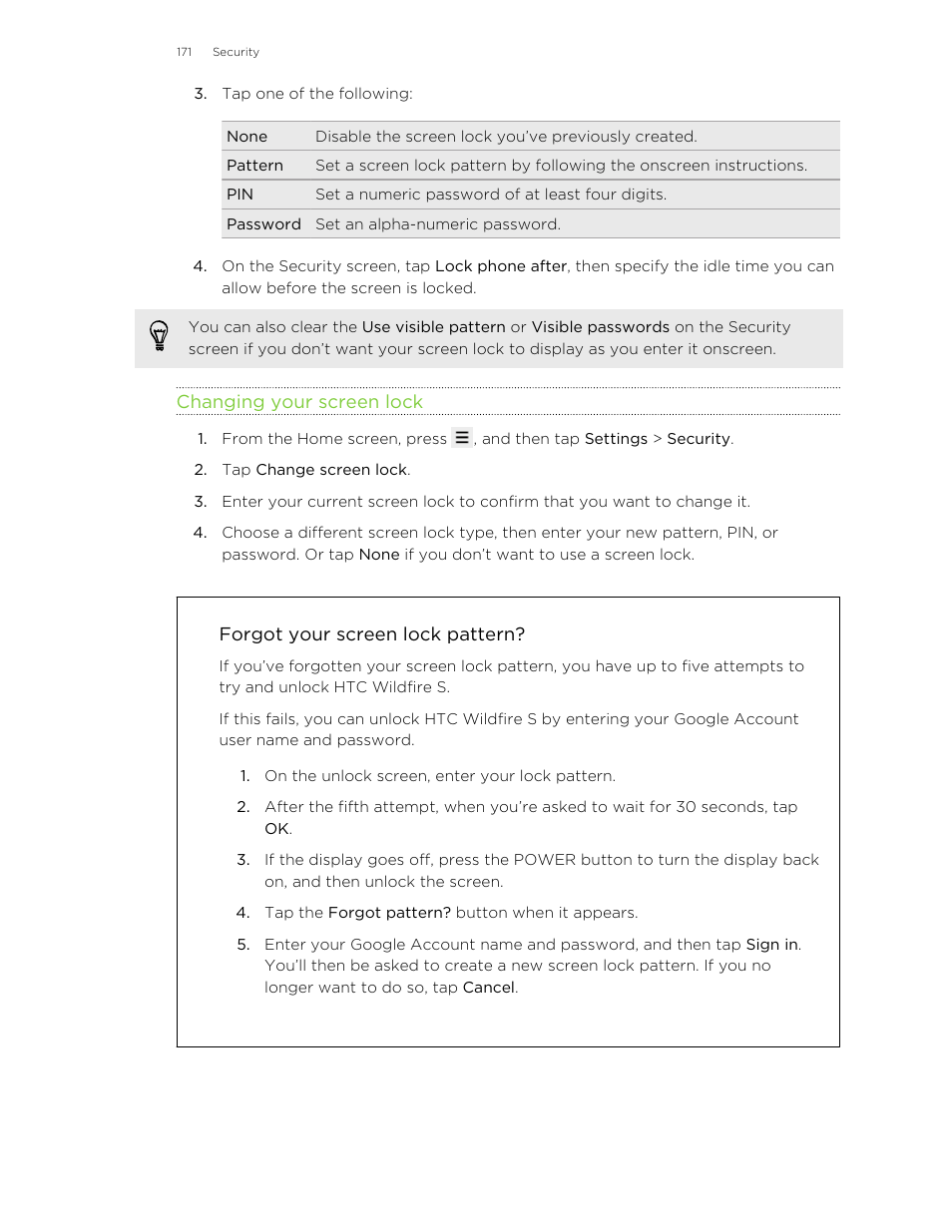 Changing your screen lock, Forgot your screen lock pattern | HTC Wildfire S EN User Manual | Page 171 / 187