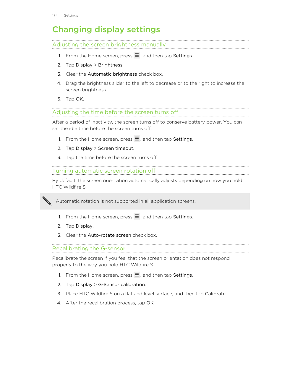 Changing display settings, Adjusting the screen brightness manually, Adjusting the time before the screen turns off | Turning automatic screen rotation off, Recalibrating the g-sensor | HTC Wildfire S EN User Manual | Page 174 / 187