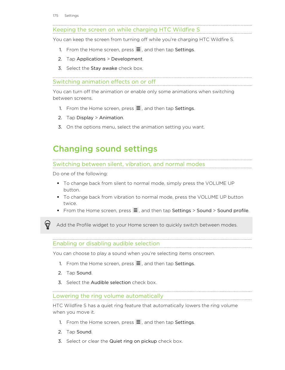 Switching animation effects on or off, Changing sound settings, Enabling or disabling audible selection | Lowering the ring volume automatically | HTC Wildfire S EN User Manual | Page 175 / 187