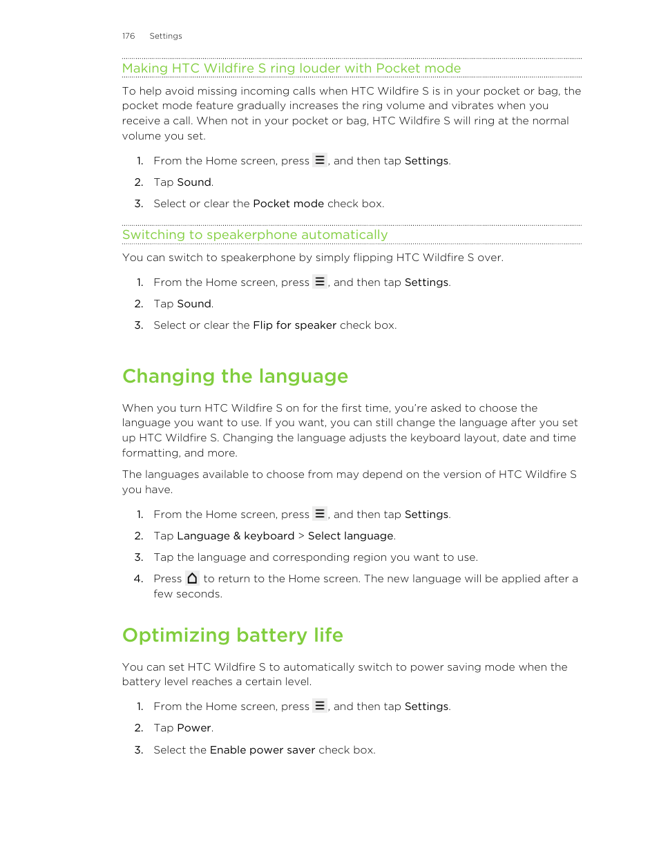 Making htc wildfire s ring louder with pocket mode, Switching to speakerphone automatically, Changing the language | Optimizing battery life | HTC Wildfire S EN User Manual | Page 176 / 187