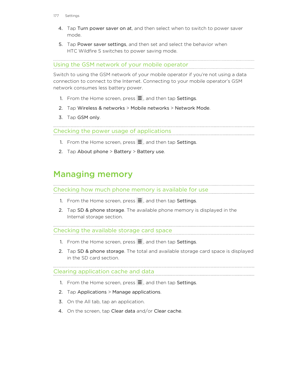 Using the gsm network of your mobile operator, Checking the power usage of applications, Managing memory | Checking the available storage card space, Clearing application cache and data | HTC Wildfire S EN User Manual | Page 177 / 187