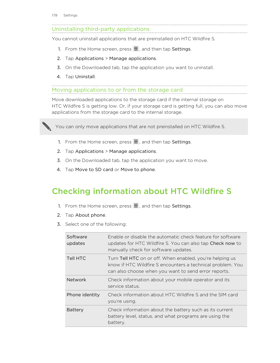 Uninstalling third-party applications, Moving applications to or from the storage card, Checking information about htc wildfire s | HTC Wildfire S EN User Manual | Page 178 / 187