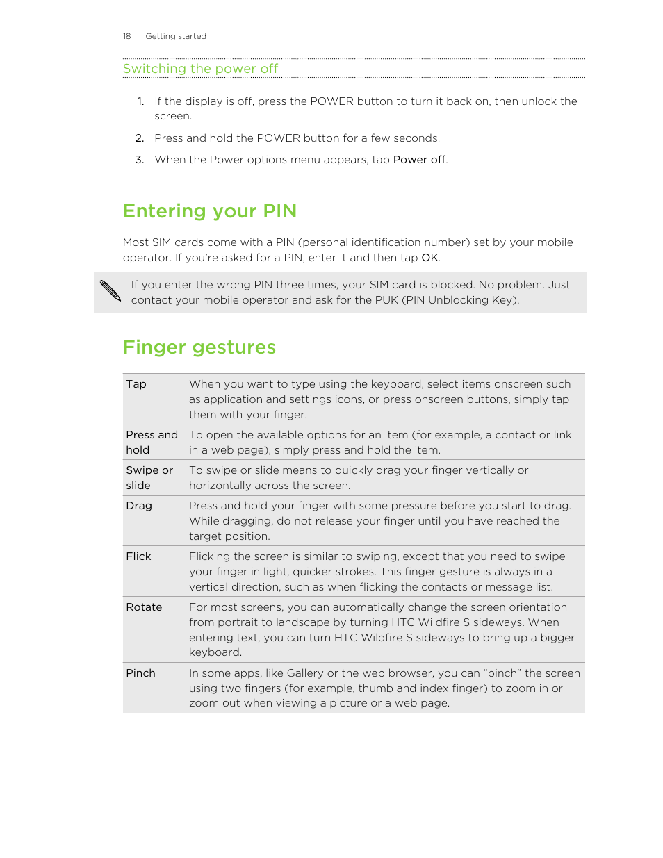 Switching the power off, Entering your pin, Finger gestures | HTC Wildfire S EN User Manual | Page 18 / 187