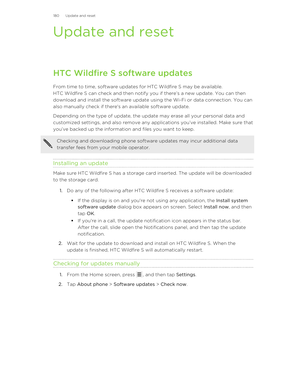 Update and reset, Htc wildfire s software updates, Installing an update | Checking for updates manually | HTC Wildfire S EN User Manual | Page 180 / 187