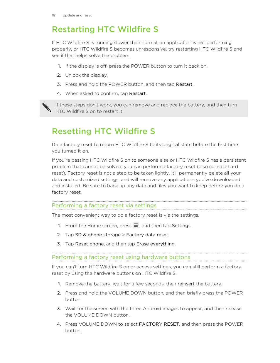 Restarting htc wildfire s, Resetting htc wildfire s, Performing a factory reset via settings | Performing a factory reset using hardware buttons | HTC Wildfire S EN User Manual | Page 181 / 187