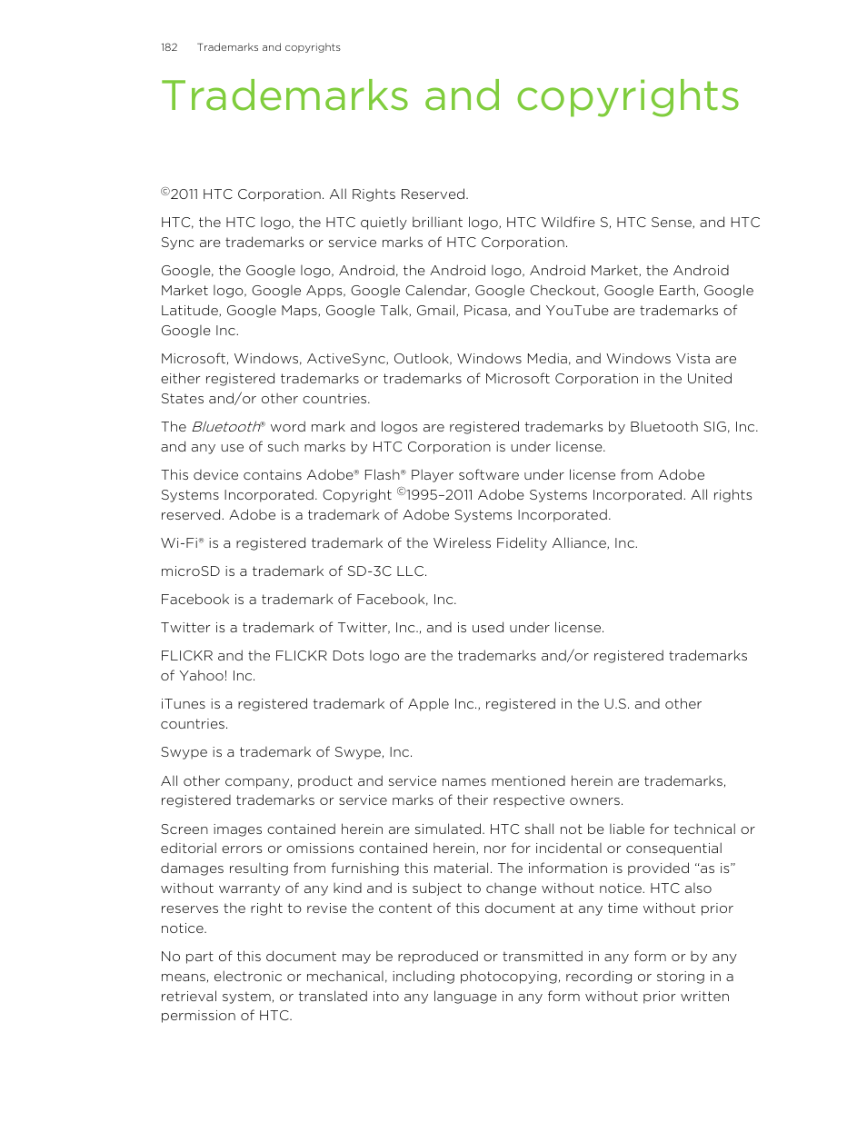 Trademarks and copyrights | HTC Wildfire S EN User Manual | Page 182 / 187