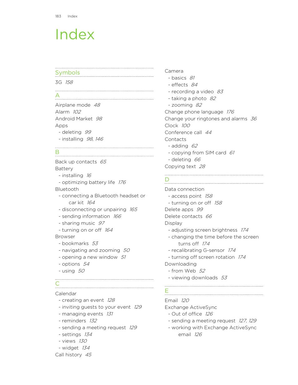 Index | HTC Wildfire S EN User Manual | Page 183 / 187