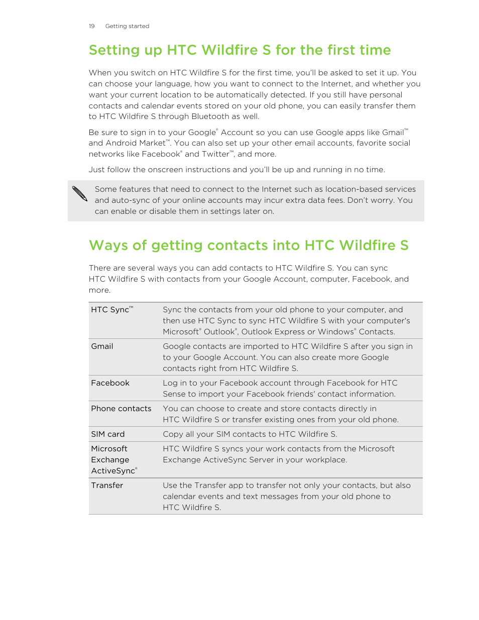 Setting up htc wildfire s for the first time, Ways of getting contacts into htc wildfire s | HTC Wildfire S EN User Manual | Page 19 / 187