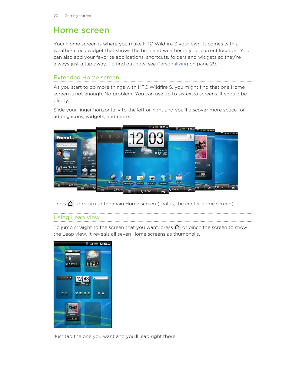 Home screen, Extended home screen, Using leap view | HTC Wildfire S EN User Manual | Page 20 / 187