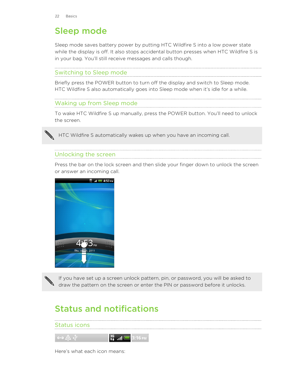 Sleep mode, Switching to sleep mode, Waking up from sleep mode | Unlocking the screen, Status and notifications, Status icons | HTC Wildfire S EN User Manual | Page 22 / 187
