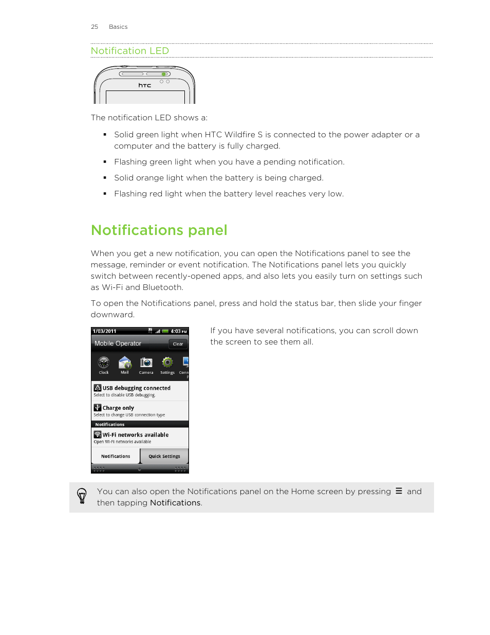 Notification led, Notifications panel | HTC Wildfire S EN User Manual | Page 25 / 187