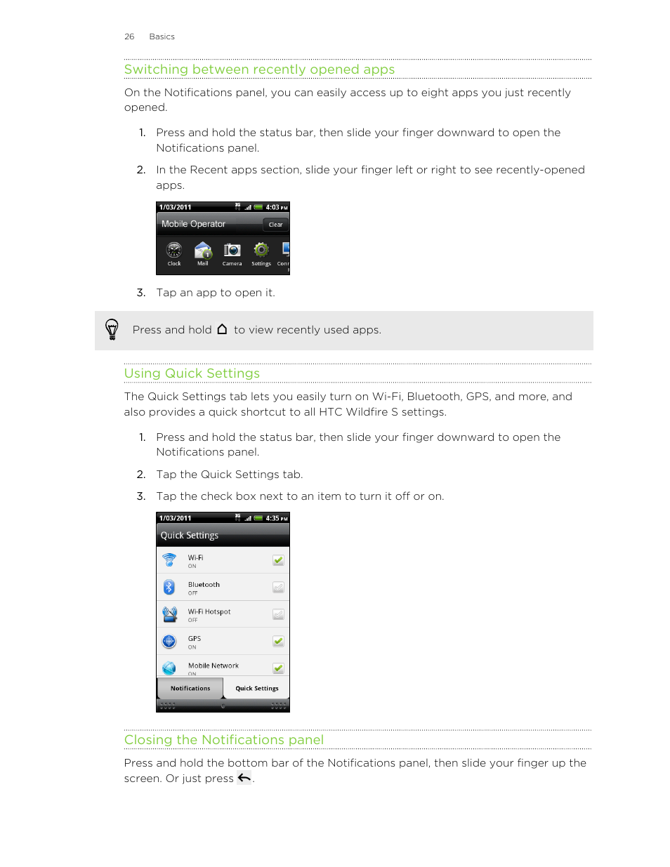 Switching between recently opened apps, Using quick settings, Closing the notifications panel | HTC Wildfire S EN User Manual | Page 26 / 187