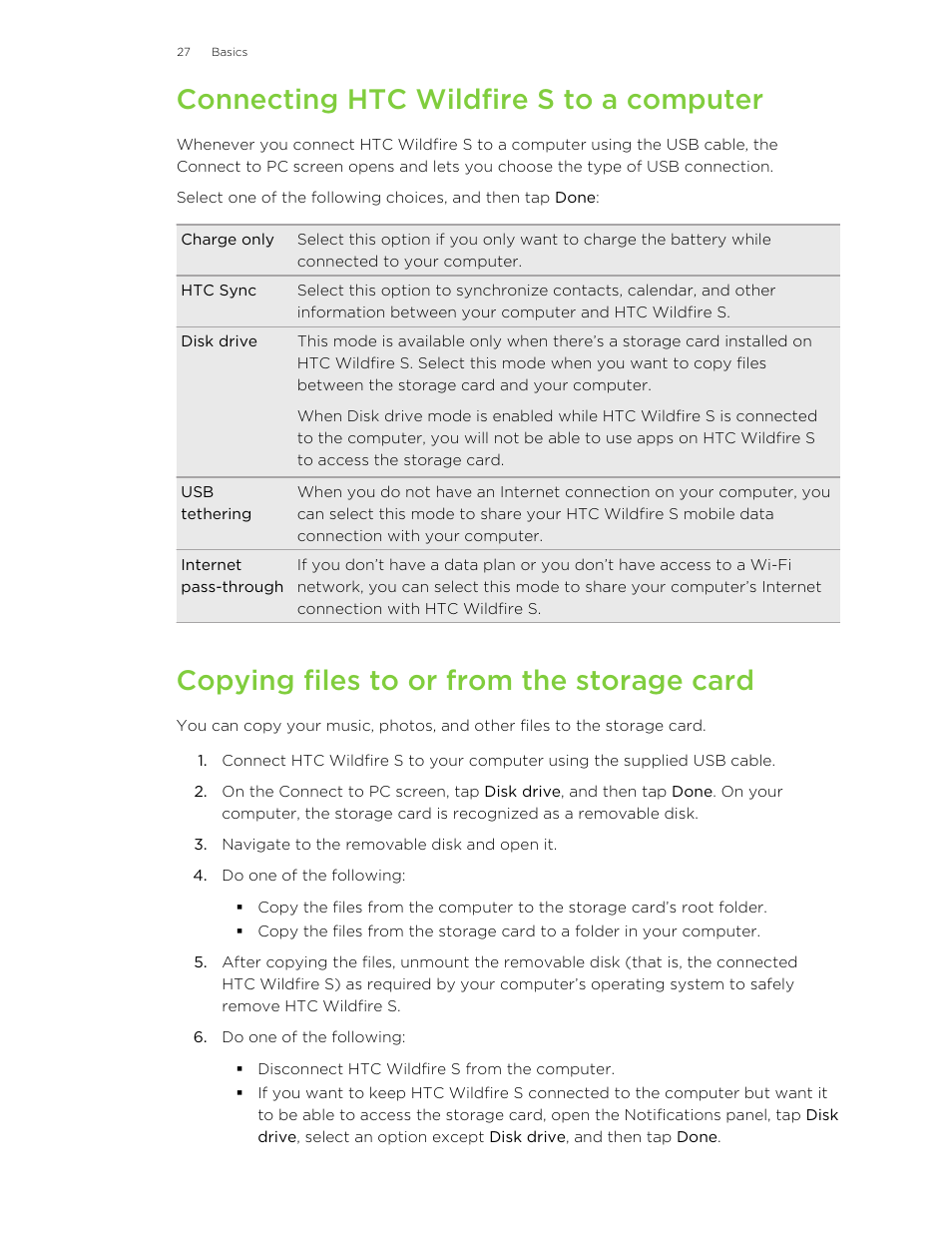 Connecting htc wildfire s to a computer, Copying files to or from the storage card | HTC Wildfire S EN User Manual | Page 27 / 187