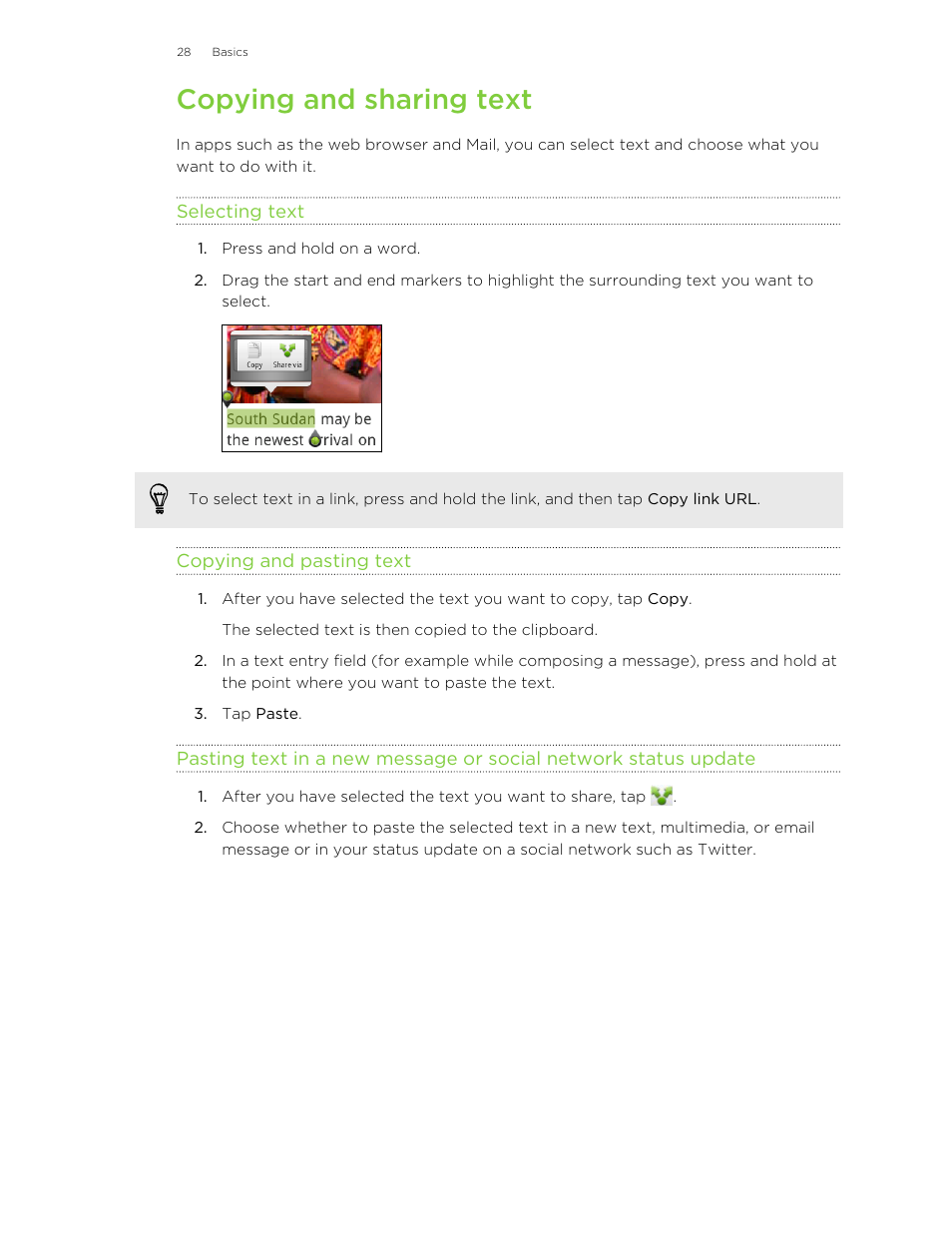 Copying and sharing text, Selecting text, Copying and pasting text | HTC Wildfire S EN User Manual | Page 28 / 187