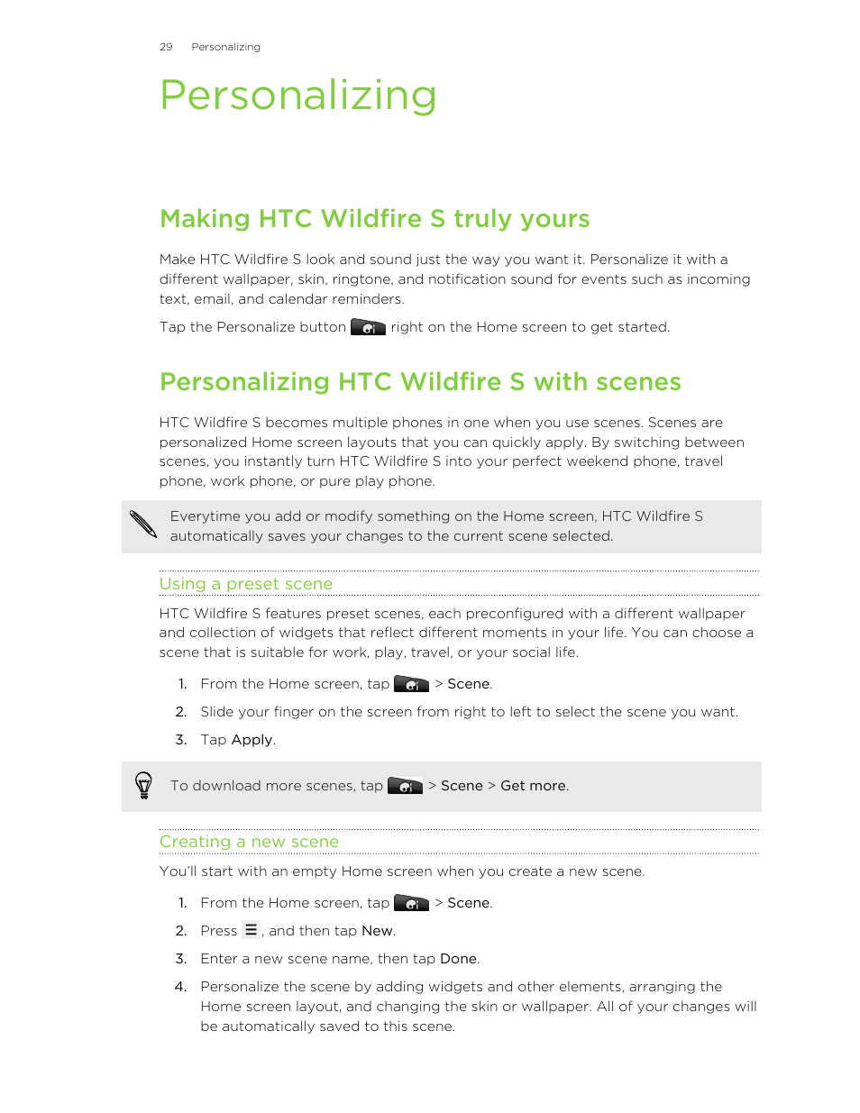 Personalizing, Making htc wildfire s truly yours, Personalizing htc wildfire s with scenes | Using a preset scene, Creating a new scene | HTC Wildfire S EN User Manual | Page 29 / 187