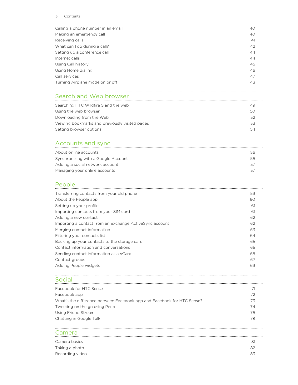 Search and web browser, Accounts and sync, People | Social, Camera | HTC Wildfire S EN User Manual | Page 3 / 187