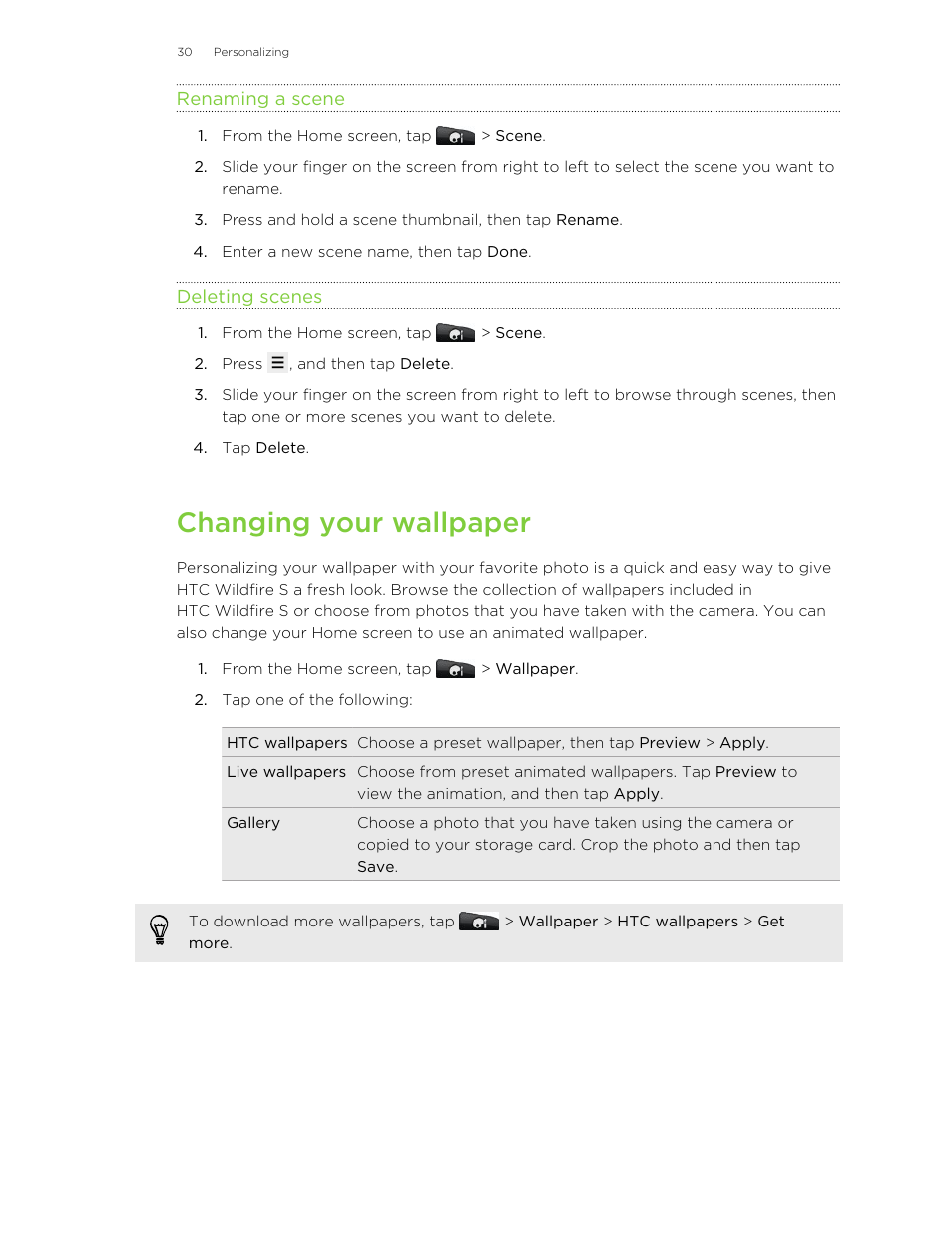 Renaming a scene, Deleting scenes, Changing your wallpaper | HTC Wildfire S EN User Manual | Page 30 / 187