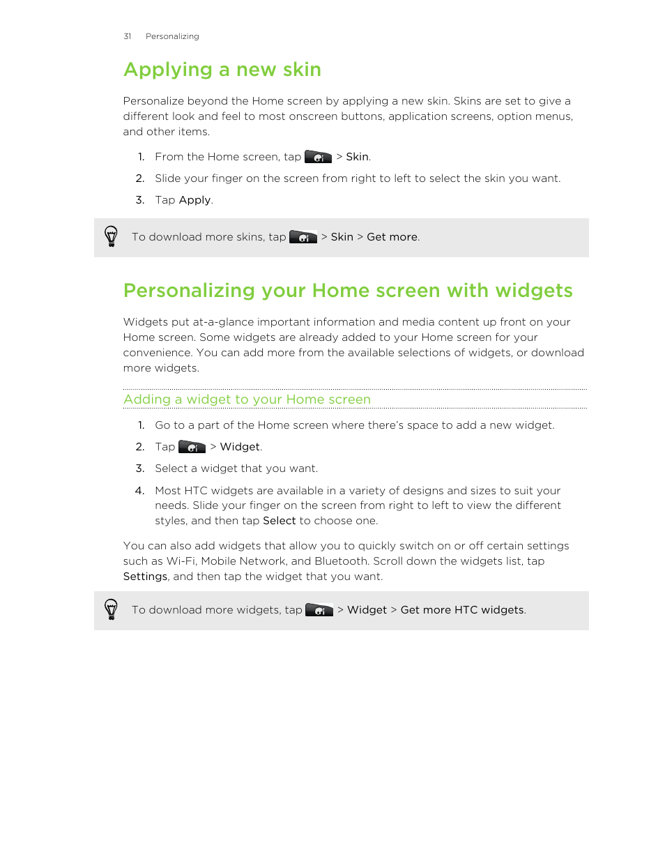 Applying a new skin, Personalizing your home screen with widgets, Adding a widget to your home screen | HTC Wildfire S EN User Manual | Page 31 / 187