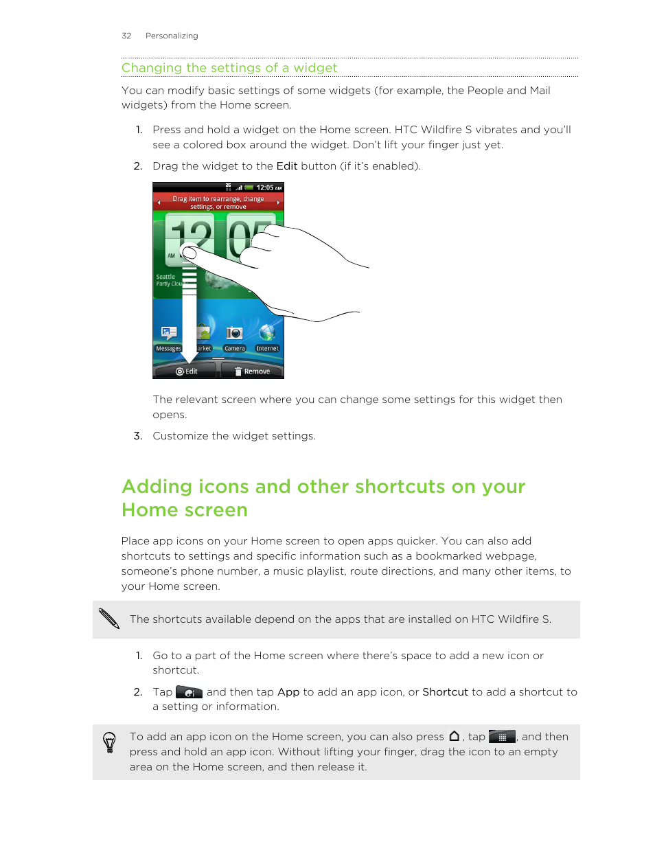 Changing the settings of a widget | HTC Wildfire S EN User Manual | Page 32 / 187