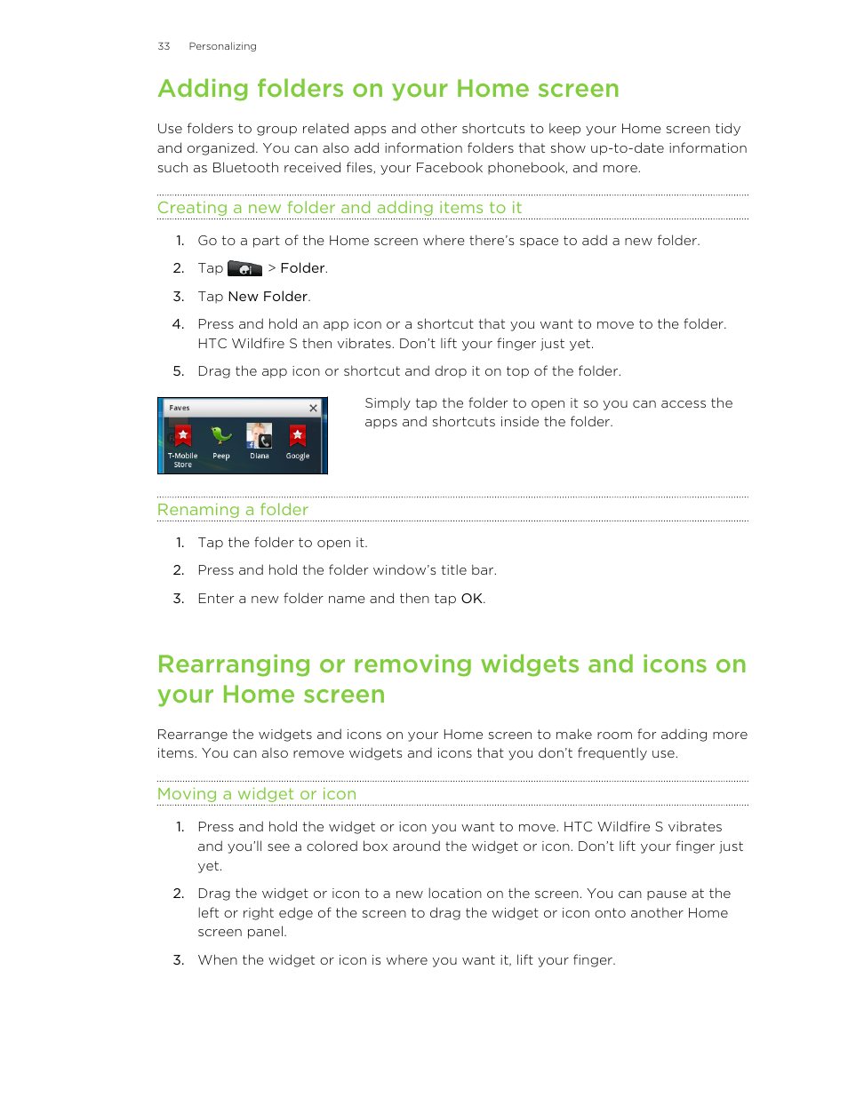 Adding folders on your home screen, Creating a new folder and adding items to it, Renaming a folder | Moving a widget or icon | HTC Wildfire S EN User Manual | Page 33 / 187